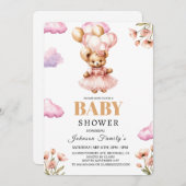 bohoガールピンクベイビーシャワー招待状ベア 招待状 (正面/裏面)