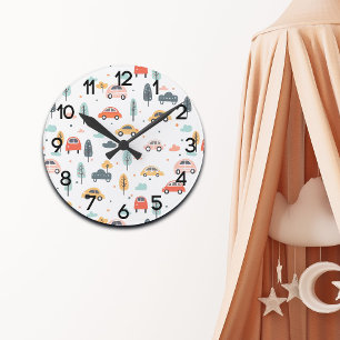 Bohoキッズカーツリー&クラウドパターン子供部屋 ラウンド壁時計