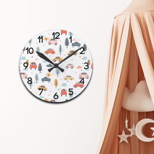 Bohoキッズカーツリー&クラウドパターン子供部屋 ラウンド壁時計