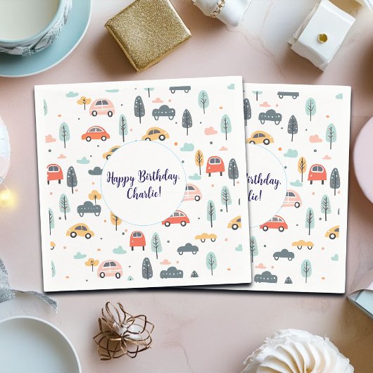 Bohoキッズカーツリー&クラウドパターン誕生日 スタンダードカクテルナプキン