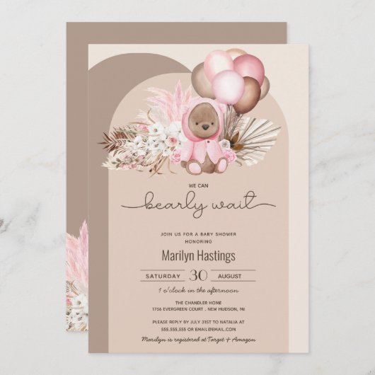 Bohoクマ、我々は明らかにピンクの赤ちゃんシャワーを待つことができる 招待状 (正面/裏面)