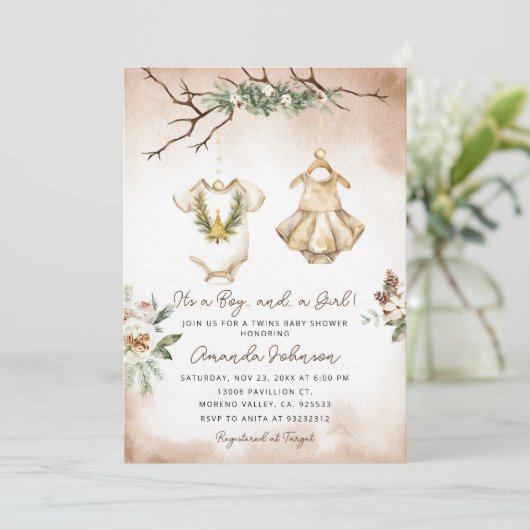 Bohoクリスマスツイン赤ちゃん衣赤ちゃんシャワー 招待状 (スタンド正面)