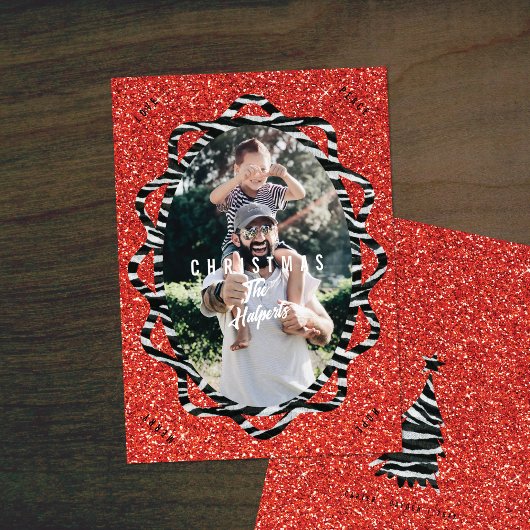 Bohoグリッター&ゼブラプリント楕円形フォトクリスマス シーズンカード