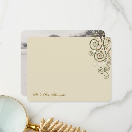 Bohoグリーンドット&らせん状エレガントなウェディングフォト サンキューカード (正面/裏面インサイチュ)