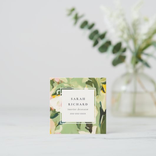 Bohoグリーンピンク絵を描のフローラレビュー要求 スクエア名刺 (スタンド正面)