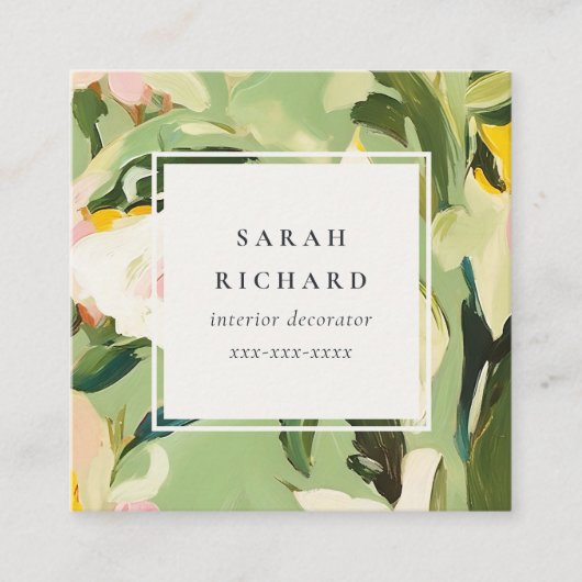 Bohoグリーンピンク絵を描のフローラレビュー要求 スクエア名刺 (正面)