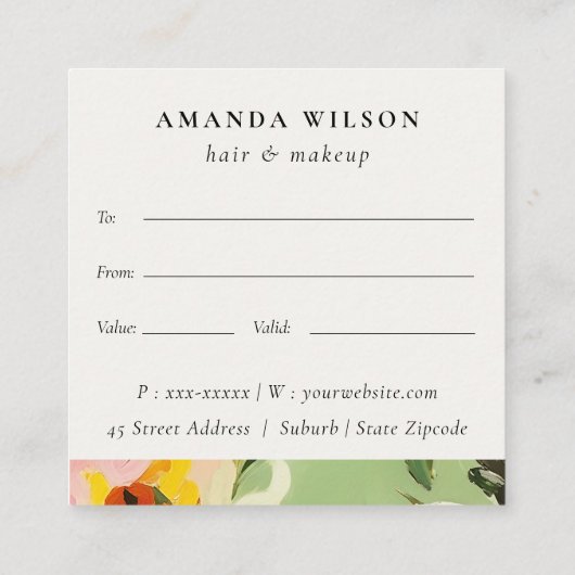 Bohoグリーンピンク絵を描フローラギフト証明書 スクエア名刺 (裏面)