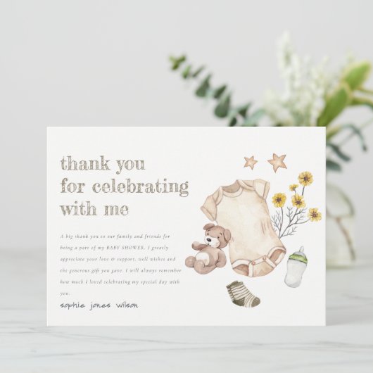 Bohoグリーンベビー服ベビー男女兼用シャワー サンキューカード (スタンド正面)