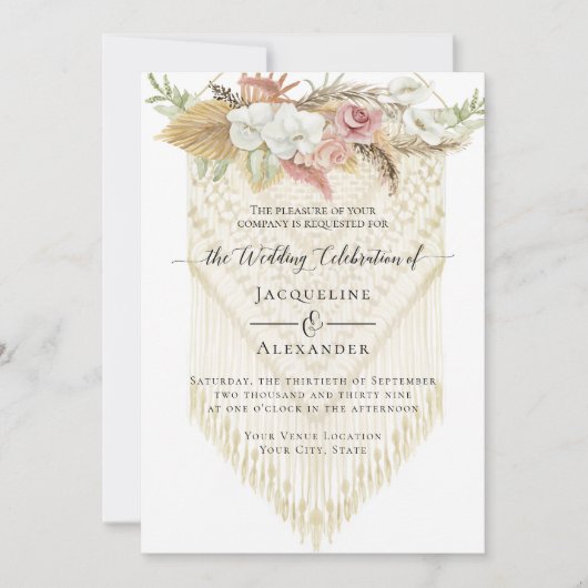 BOHOグリーンリーフローラパンパスグラスニュートラル結婚ズ 招待状 (正面)