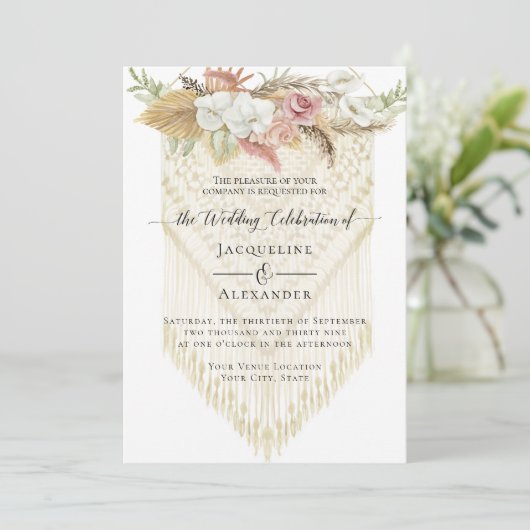 BOHOグリーンリーフローラパンパスグラスニュートラル結婚ズ 招待状 (スタンド正面)