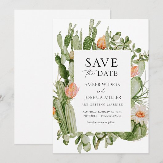 Bohoサボテン日付の保存 招待状 (正面/裏面)