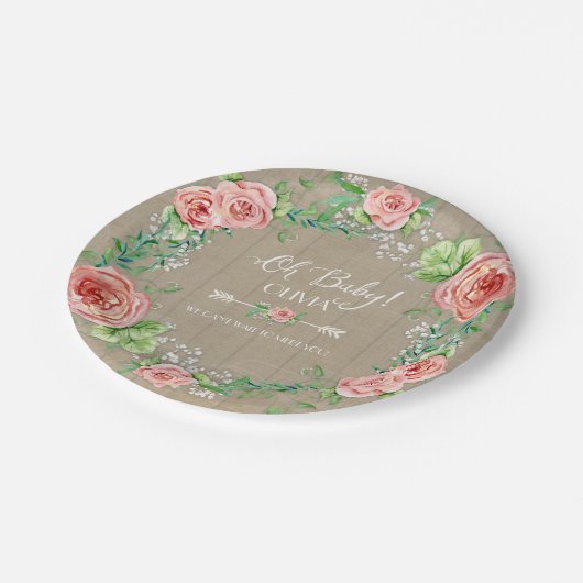 BOHOシックああ赤ちゃん女の子シャワーウッドウォーター色 ペーパープレート (アングル)