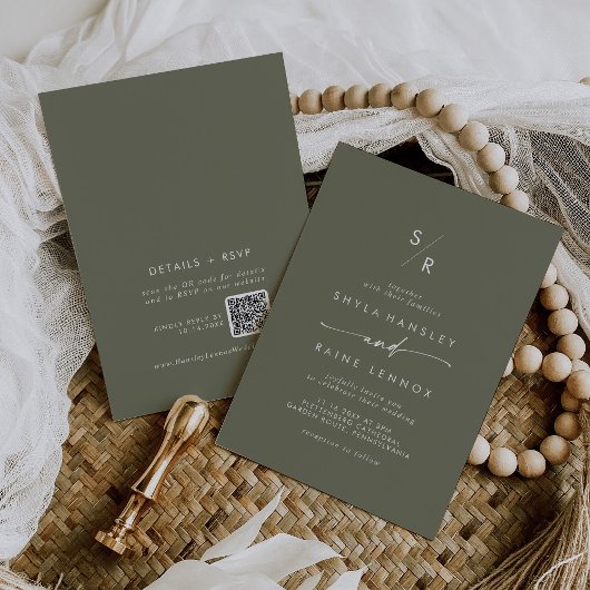 BohoシックなオリーブグリーンモノグラムQRコード結婚ズ 招待状