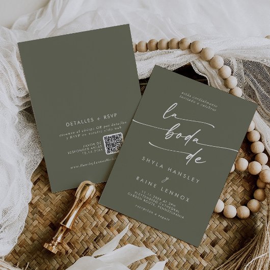 BohoシックなオリーブグリーンQRコードスペインの結婚ズ 招待状