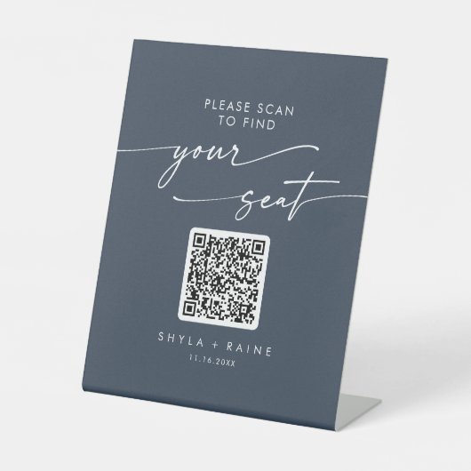 BohoシックなダークネイビーブルーのシーティングチャートQRコード 台座サイン (正面)