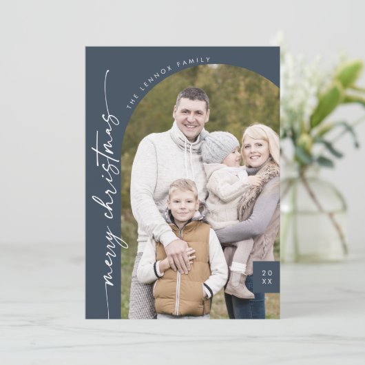 Bohoシックなネイビーブルーフォトメリーモダンクリスマス シーズンカード (スタンド正面)