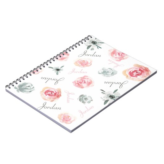 Bohoシックなピンクの水の色の花模様はNamEを繰り返し ノートブック (左側)