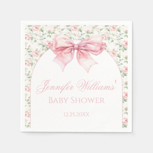 Bohoシックなピンクボウフローラベビーガールシャワー紙 スタンダードカクテルナプキン (正面)