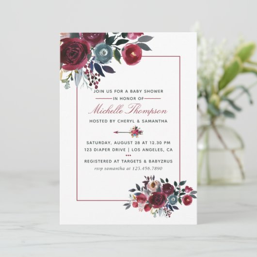 Bohoシックなブルゴーニュとネイビーフローラベビーシャワー 招待状 (スタンド正面)