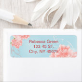 bohoシックなブルーの水彩フローラピンク色の花 ラベル (インサイチュ)