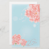 bohoシックなブルーの水彩フローラピンク色の花 便箋 (正面/裏面)