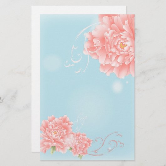 bohoシックなブルーの水彩フローラピンク色の花 便箋 (正面/裏面)