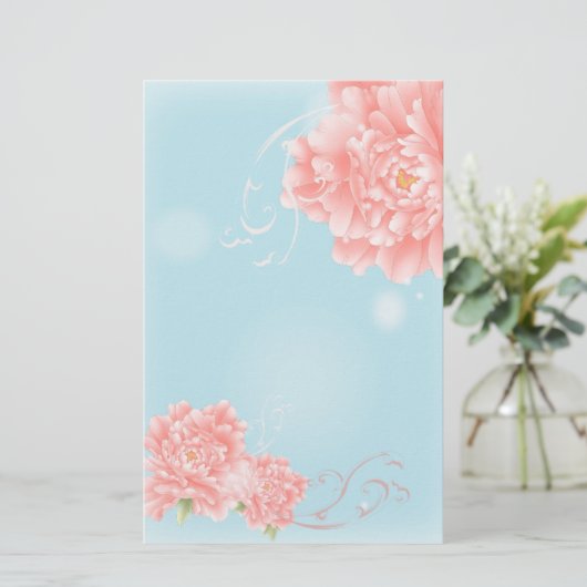 bohoシックなブルーの水彩フローラピンク色の花 便箋 (スタンド正面)