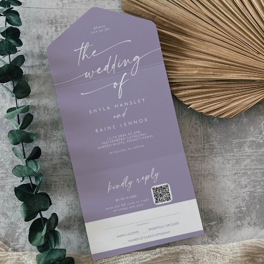 BohoシックなラベンダーパープルQRコードメール結婚イン オールインワン招待状