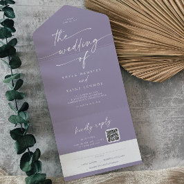 BohoシックなラベンダーパープルQRコードメール結婚イン オールインワン招待状