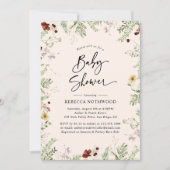 Bohoシックなワイルドフラワーの赤面ピンクベビーシャワー 招待状 (正面)