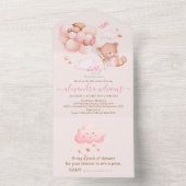 Bohoシックな水の色の女の子テディベアとピンクバル オールインワン招待状 (内側)