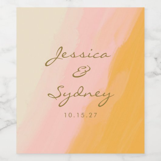 Bohoシックな水色ピンクと黄色の名結婚前 ワインラベル (シングルラベル)