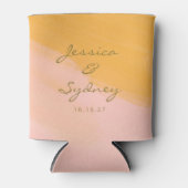 Bohoシックな水色ピンクと黄色の名結婚前 缶クーラー (正面)