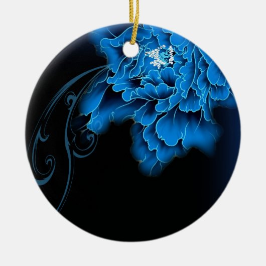 bohoシックな水色フローラブルーピーニー セラミックオーナメント (正面)