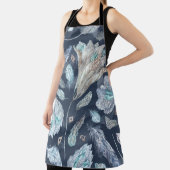 Bohoシックな羽の花：水色ダークブルーP エプロン (インサイチュ)