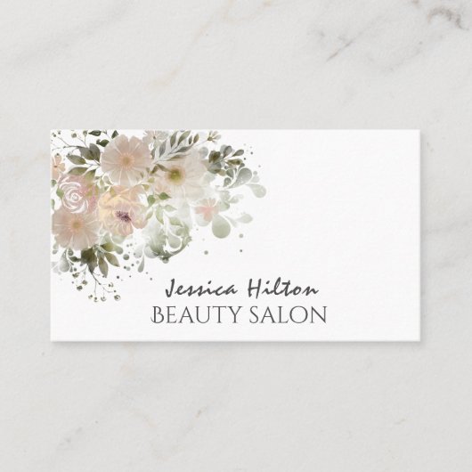 Bohoシックエレガントソフトピンクの水色フローラ 名刺 (正面)