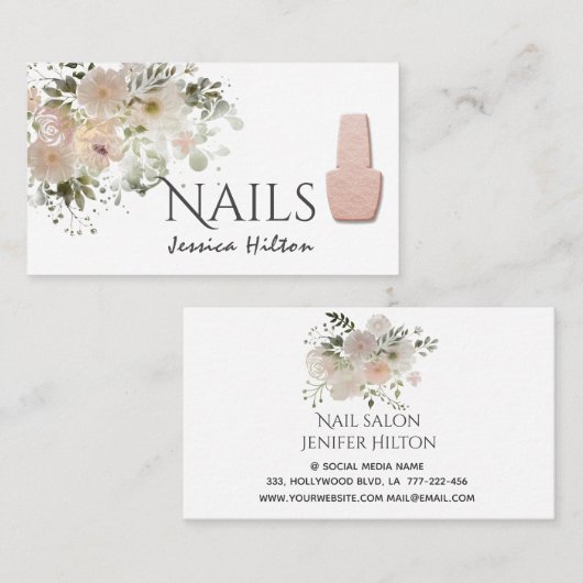 Bohoシックエレガントソフトピンク水色フローラ爪、 ネイル 名刺 (正面/裏面)