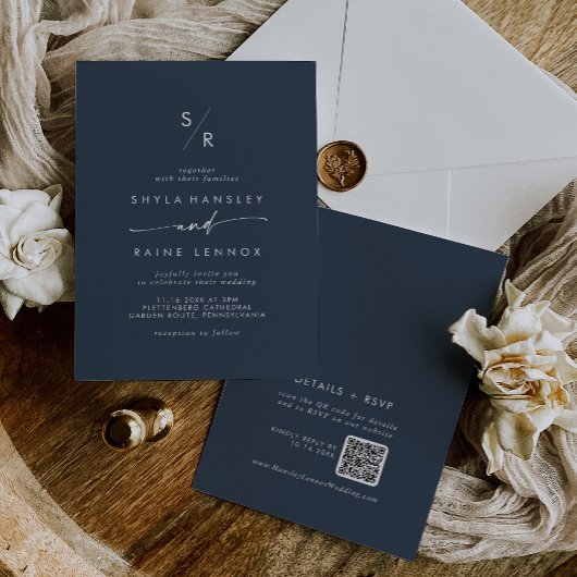 BohoシックダークネイビーブルーモノグラムQRコード結婚ズ 招待状