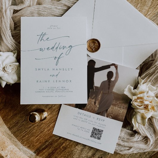 Bohoシックティール（緑がかった色）とホワイトフォトQRコード結婚ズ 招待状