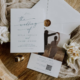 Bohoシックティール（緑がかった色）とホワイトフォトQRコード結婚ズ 招待状