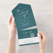 Bohoシックティール（緑がかった色）ブルーQRコードメール結婚イン オールインワン招待状 (貼ってはがせる)