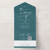 Bohoシックティール（緑がかった色）ブルーQRコードメール結婚イン オールインワン招待状 (内側)