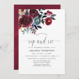 Bohoシックブルゴーニュ&ネイビーフローラsipと参照 招待状