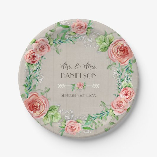 BOHOシックボヘミアン素朴フローラグレーバーンウッド ペーパープレート (正面)