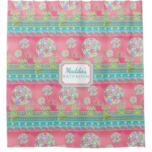 BOHOシックモダンホットピンクタンデリオンフローラ10代の シャワーカーテン (正面)