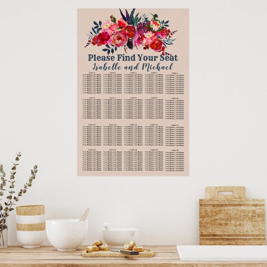 Bohoシックモダンレッドフローラ20テーブル座席表 ポスター (キッチン)