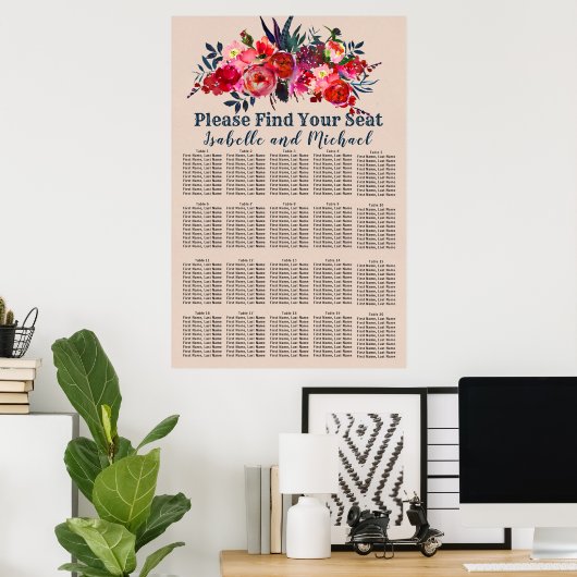 Bohoシックモダンレッドフローラ20テーブル座席表 ポスター (ホームオフィス)