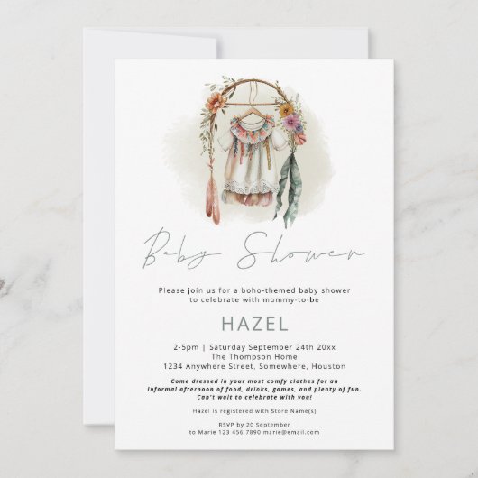 Bohoシックヴィンテージ服女の子の男の子ベイビーシャワー 招待状 (正面)