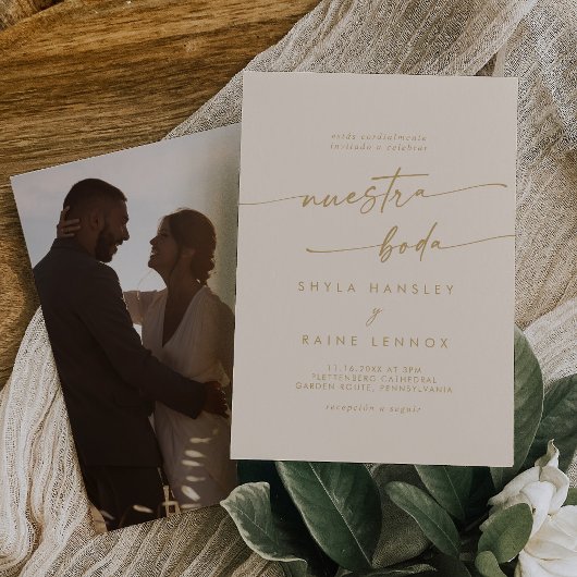 Bohoシックヴィンテージ金ゴールドスペインのフォトズ結婚ーズ 招待状