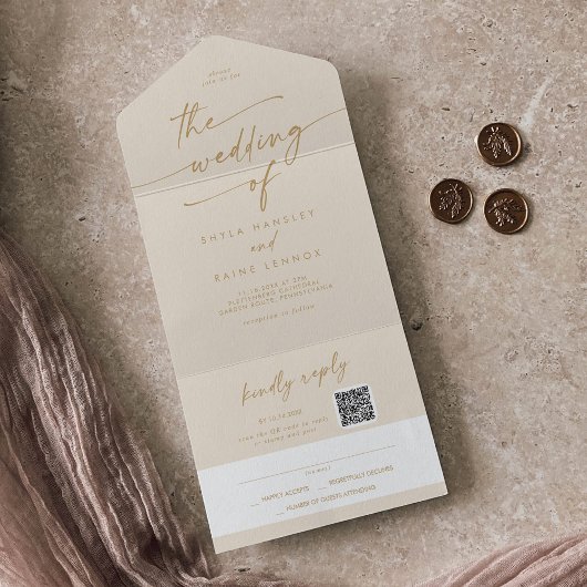 Bohoシックヴィンテージ金ゴールドQRコードメール結婚イン オールインワン招待状